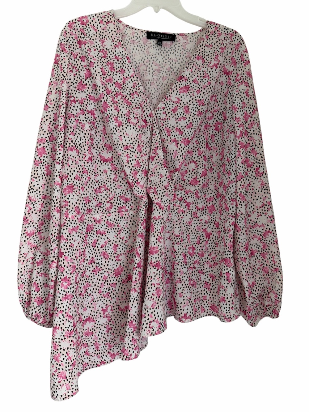 Eloquii Pink & Black Floral Printed Asymmetrical V-Neck Blouse Size 20